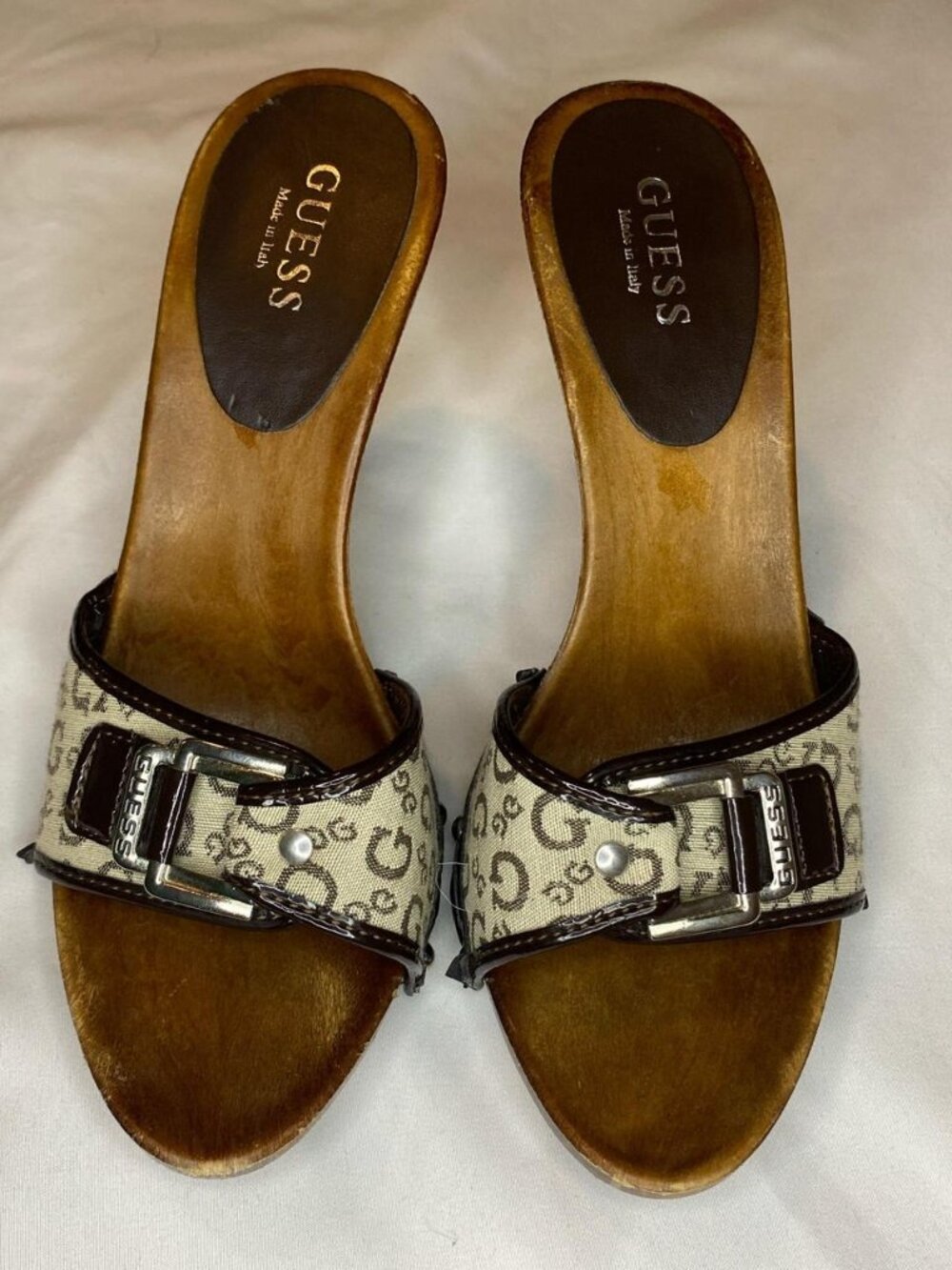 ISO Guess Y2K "G" monogram Wooden Kittens size 8.5 or 9